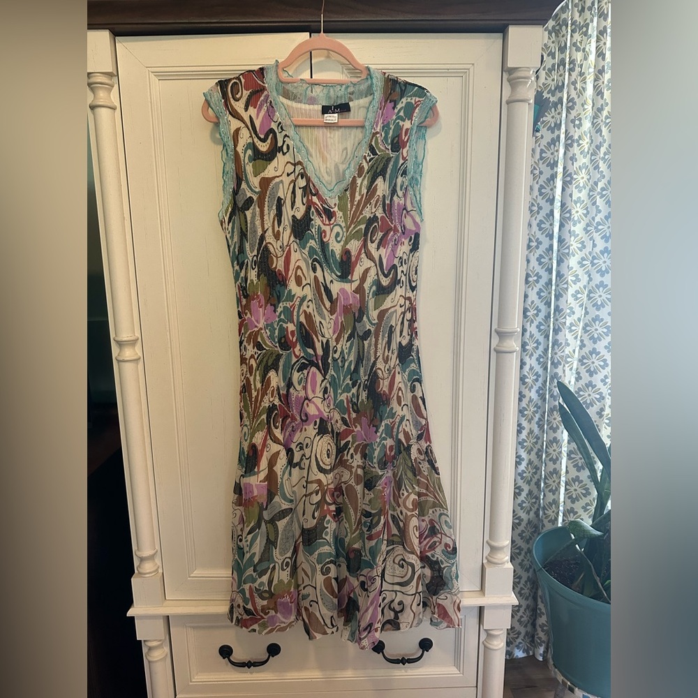 Vintage Sleeveless V-Neck Midi Dress Large Teal, Lavender, Cream & Brown